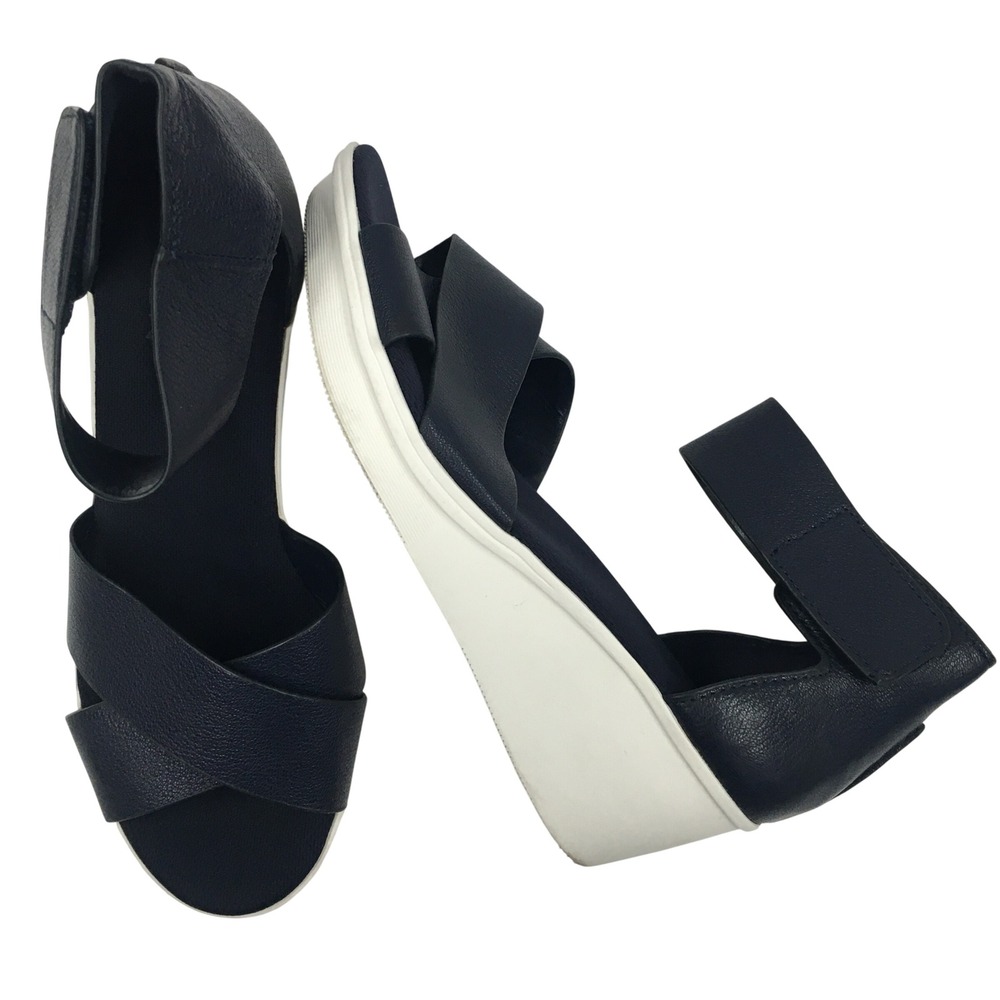 Naturalizer Riviera Leather Wedge Sandals Womens 7 Navy Blue Coastal Minimalist